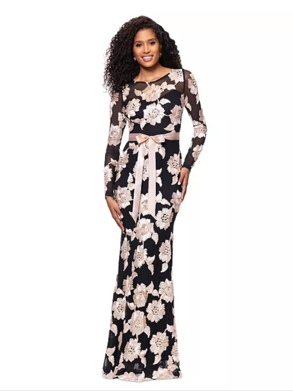 Betsy & Adam NWT $310 Size 8 Black Floral Long Sleeve Formal Maxi Gown Old Money